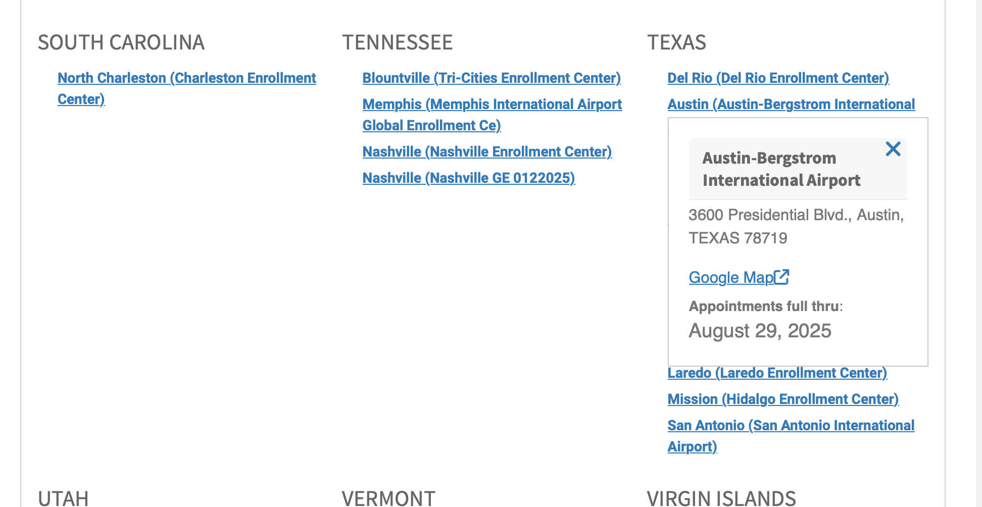 Global Entry appointment availability on DHS website for specific states.